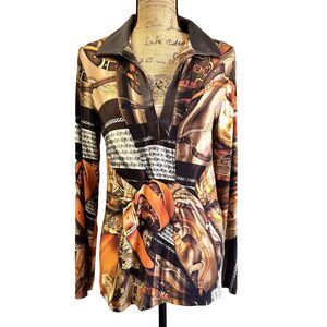 ANNA RACHELE Women Faux Leather Collar Multicolor Belts Print Blouse Sz 10/46